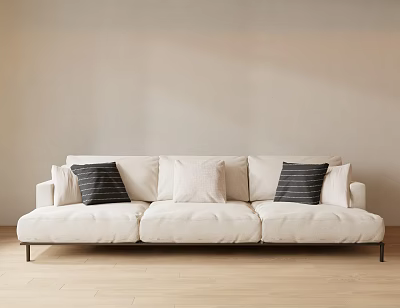 Modern Three Seater Cream Sofa with Striped and Plain Cushions in Light Brown Room Setting 3d model