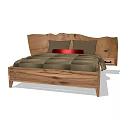 Double Bed With Wooden Frame Natural Wood Headboard Brown Pillows And Red Accent Pillow