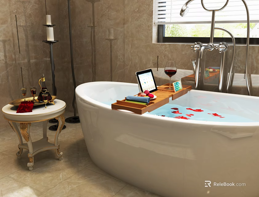 Elegant Bathroom Bathtub With Wooden Storage Rack Holding Tablet Wine Glass And Towels 3d model 