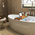 Elegant Bathroom Bathtub With Wooden Storage Rack Holding Tablet Wine Glass And Towels