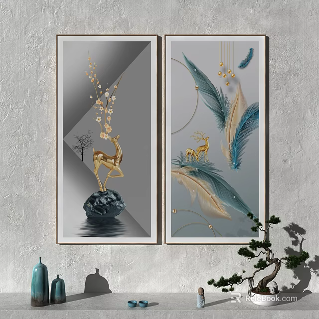 Luxury Modern Wall Art With Golden Deer Feather And Decorative Elements 3d model