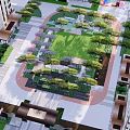 Modern Residential Landscape Design With Central Green Space Trees Walkways And Apartment Buildings