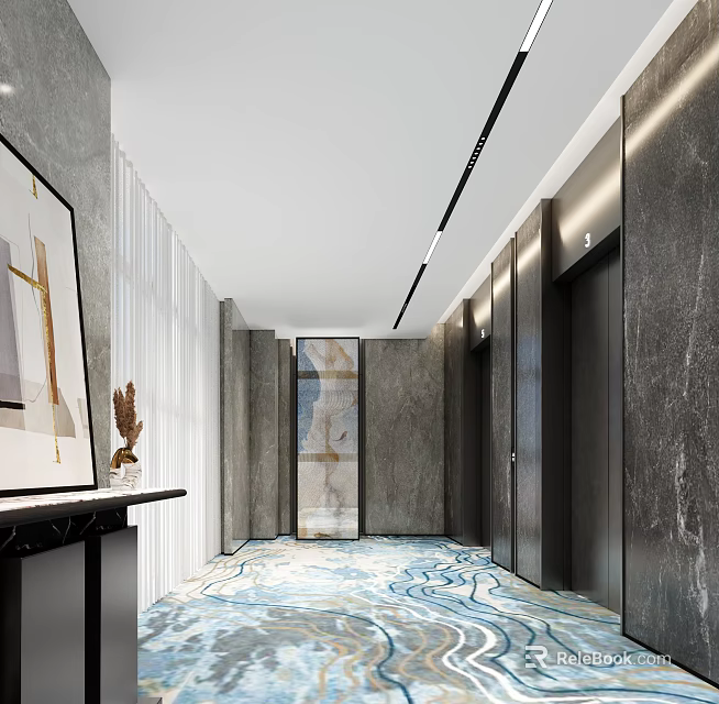 Modern Elevator Corridor Interior With Art Decor Rug And Ceiling Lighting 3d model