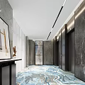 Modern Elevator Corridor Interior With Art Decor Rug And Ceiling Lighting 3d model