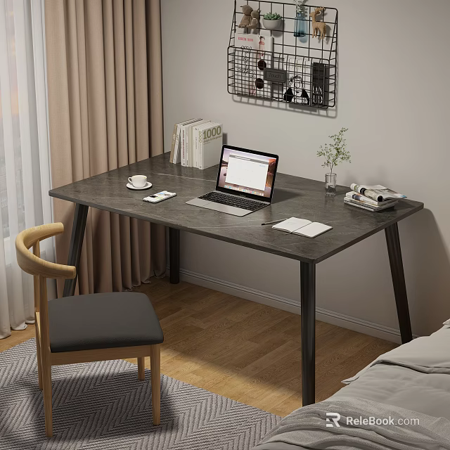 Modern Home Office Desk With Laptop Coffee Cup Notebook Books And Grid Wall Decor 3d model 