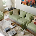Bright Modern Living And Dining Room Interior With Green Sofa Coffee Table Artwork And Plant