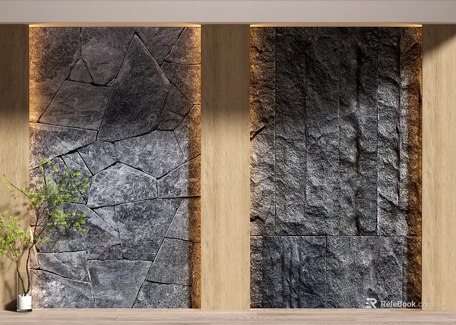 Natural Stone Texture Background Wall With Wooden Border And Potted Greenery 3d model 