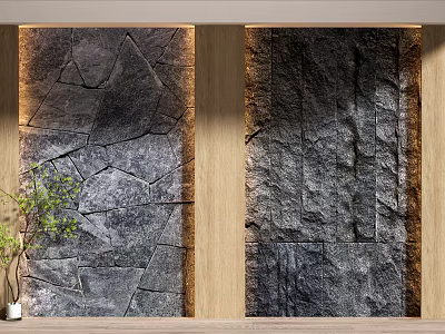 Natural Stone Texture Background Wall With Wooden Border And Potted Greenery 3d model