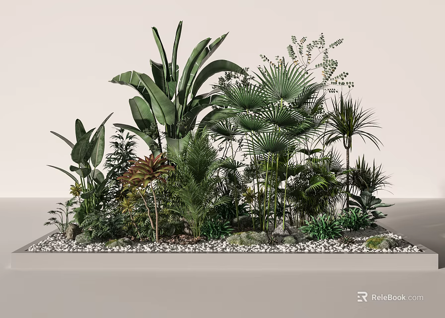 Lush Tropical Plants Arrangement With Banana Leaves Palm Trees And Small Greenery 3d model 