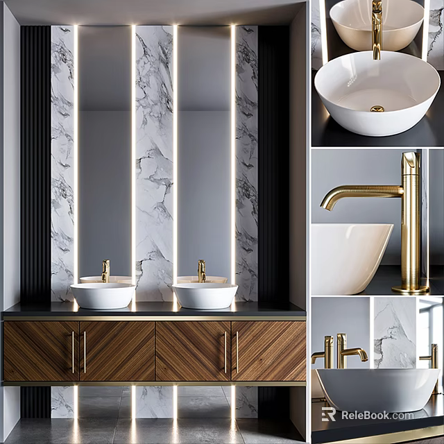 Elegant Bathroom Vanity With Double White Washbasins Golden Faucets Marble Wall And Wooden Cabinet 3d model 