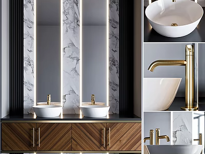 Elegant Bathroom Vanity With Double White Washbasins Golden Faucets Marble Wall And Wooden Cabinet 3d model