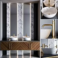 Elegant Bathroom Vanity With Double White Washbasins Golden Faucets Marble Wall And Wooden Cabinet