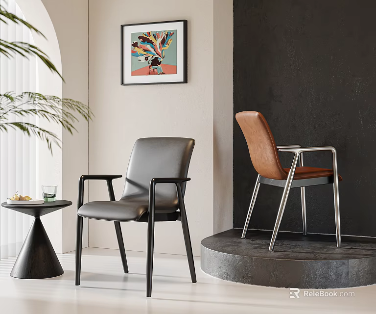 Contemporary Leisure Chairs In Gray Brown Leather With Black Metal Legs Artwork Green Plant Table 3d model 