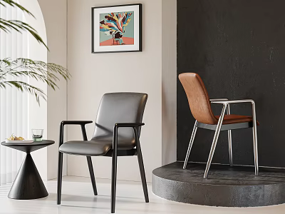 Contemporary Leisure Chairs In Gray Brown Leather With Black Metal Legs Artwork Green Plant Table 3d model