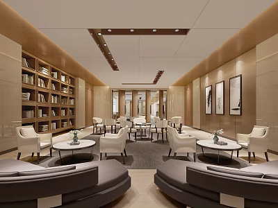 Modern Hotel Public Lounge Area With Bookshelves White Chairs Round Tables And Decorative Paintings 3d model