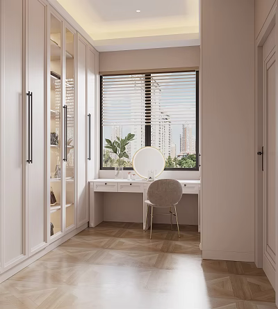 Walk in Closet Interior With White Cabinets Dressing Table Mirror Chair Blinds And Plant 3d model