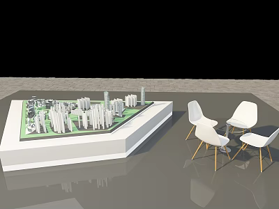 City Model Display With White Chairs Golden Legs On White Exhibition Stand 3d model