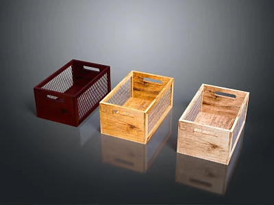 Three Different Colored Wooden Storage Baskets with Metal Mesh for Home Organization and Decor 3d model