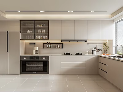 Modern Kitchen Interior Design With Gray Cabinets Glass Door Upper Cabinets Oven And Natural Light 3d model