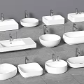 Various Styles of Modern White Ceramic Bathroom Sinks Arranged on Gray Tile Background