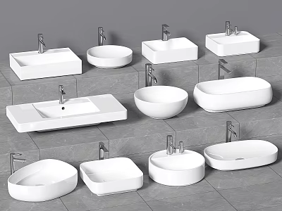 Various Styles of Modern White Ceramic Bathroom Sinks Arranged on Gray Tile Background 3d model