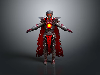 Futuristic Warrior Character In Metallic Armor With Red Cape And Glowing Chest Core 3d model