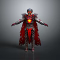 Futuristic Warrior Character In Metallic Armor With Red Cape And Glowing Chest Core