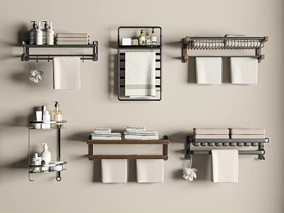 Multiple Bathroom Wall Shelves With Folded Towels And Toiletries Storage 3d model