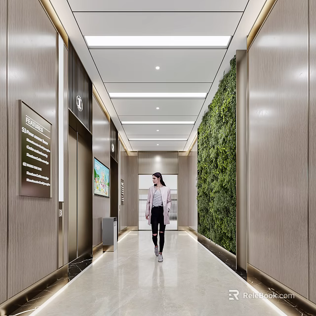 Modern Elevator Hallway Interior With Green Plant Wall And Bright Lighting 3d model 