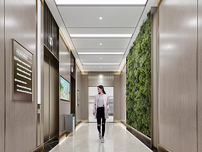 Modern Elevator Hallway Interior With Green Plant Wall And Bright Lighting 3d model