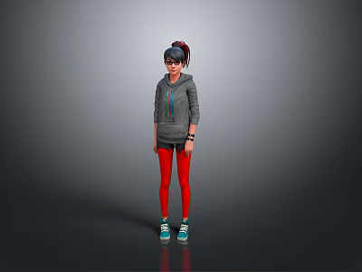 Woman With Black And Red Hair Wearing Gray Hoodie Red Leggings And Blue Sneakers 3d model