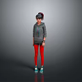 Woman With Black And Red Hair Wearing Gray Hoodie Red Leggings And Blue Sneakers