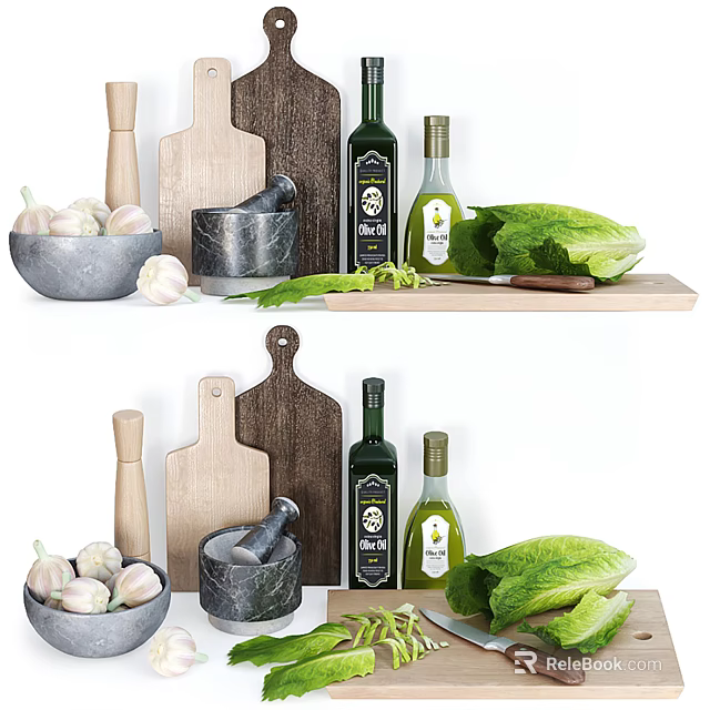 Kitchen Utensils Featuring Wooden Cutting Boards Stone Mortar Olive Oil Bottles Fresh Garlic And Lettuce 3d model 