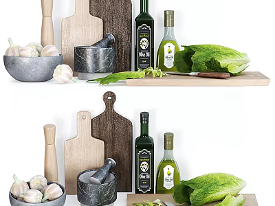 Kitchen Utensils Featuring Wooden Cutting Boards Stone Mortar Olive Oil Bottles Fresh Garlic And Lettuce 3d model