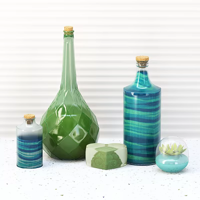 Bathroom Accessories With Green Decorative Bottles Teal Striped Containers Round Soap And Glass Cloche Plant 3d model