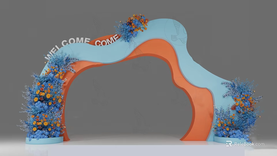 Decorative Welcome Archway With Blue Orange Design and Colorful Flower Decorations 3d model 
