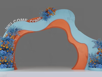 Decorative Welcome Archway With Blue Orange Design and Colorful Flower Decorations 3d model