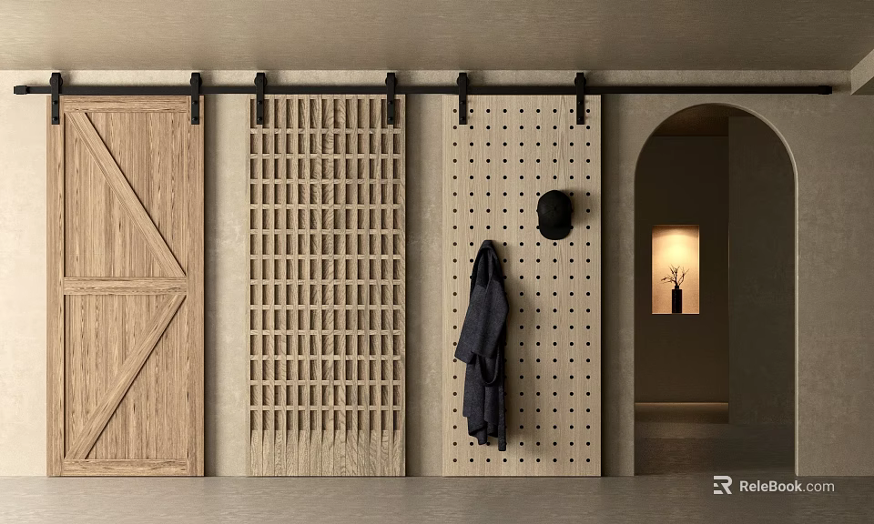 Wooden Barn Doors With Grid Perforated Panels And Clothing Hooks For Minimalist Interior 3d model 