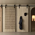 Wooden Barn Doors With Grid Perforated Panels And Clothing Hooks For Minimalist Interior