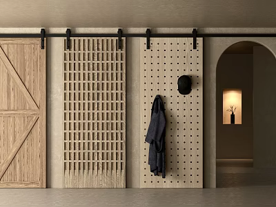 Wooden Barn Doors With Grid Perforated Panels And Clothing Hooks For Minimalist Interior 3d model
