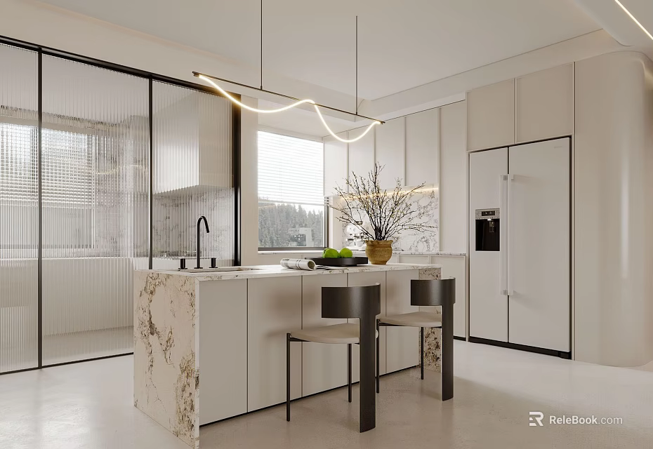 Modern Restaurant Kitchen With Open Design Marble Island White Cabinets And Curved Pendant Lights 3d model 