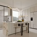 Modern Restaurant Kitchen With Open Design Marble Island White Cabinets And Curved Pendant Lights