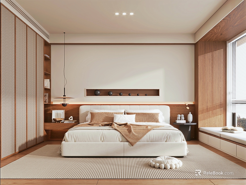 Modern Bedroom Interior With White Bed Wooden Accents Area Rug And Hanging Light 3d model 