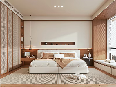 Modern Bedroom Interior With White Bed Wooden Accents Area Rug And Hanging Light 3d model