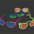 Multiple Golden Sunglasses With Green Lenses And Gold Frames On Reflective Surface