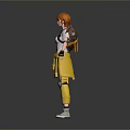Man with red hair wearing white T-shirt yellow pants knee pads backpack against gray background