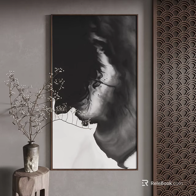 Black and White Ink Wash Landscape Painting with Tree Branch Decoration in Modern Elegant Interior 3d model 