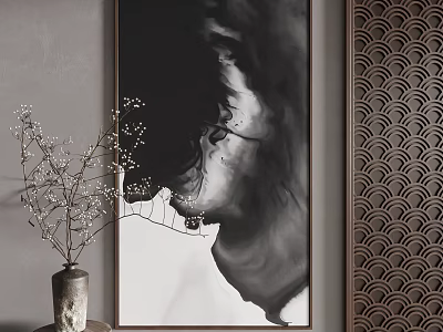 Black and White Ink Wash Landscape Painting with Tree Branch Decoration in Modern Elegant Interior 3d model