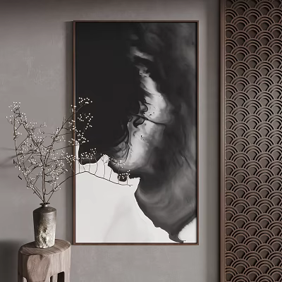 Black and White Ink Wash Landscape Painting with Tree Branch Decoration in Modern Elegant Interior 3d model