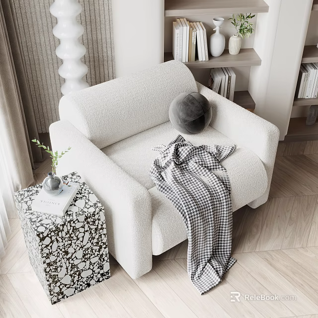 Cozy White Single Seater Sofa With Gray Pillow Plaid Blanket And Patterned Side Table 3d model 